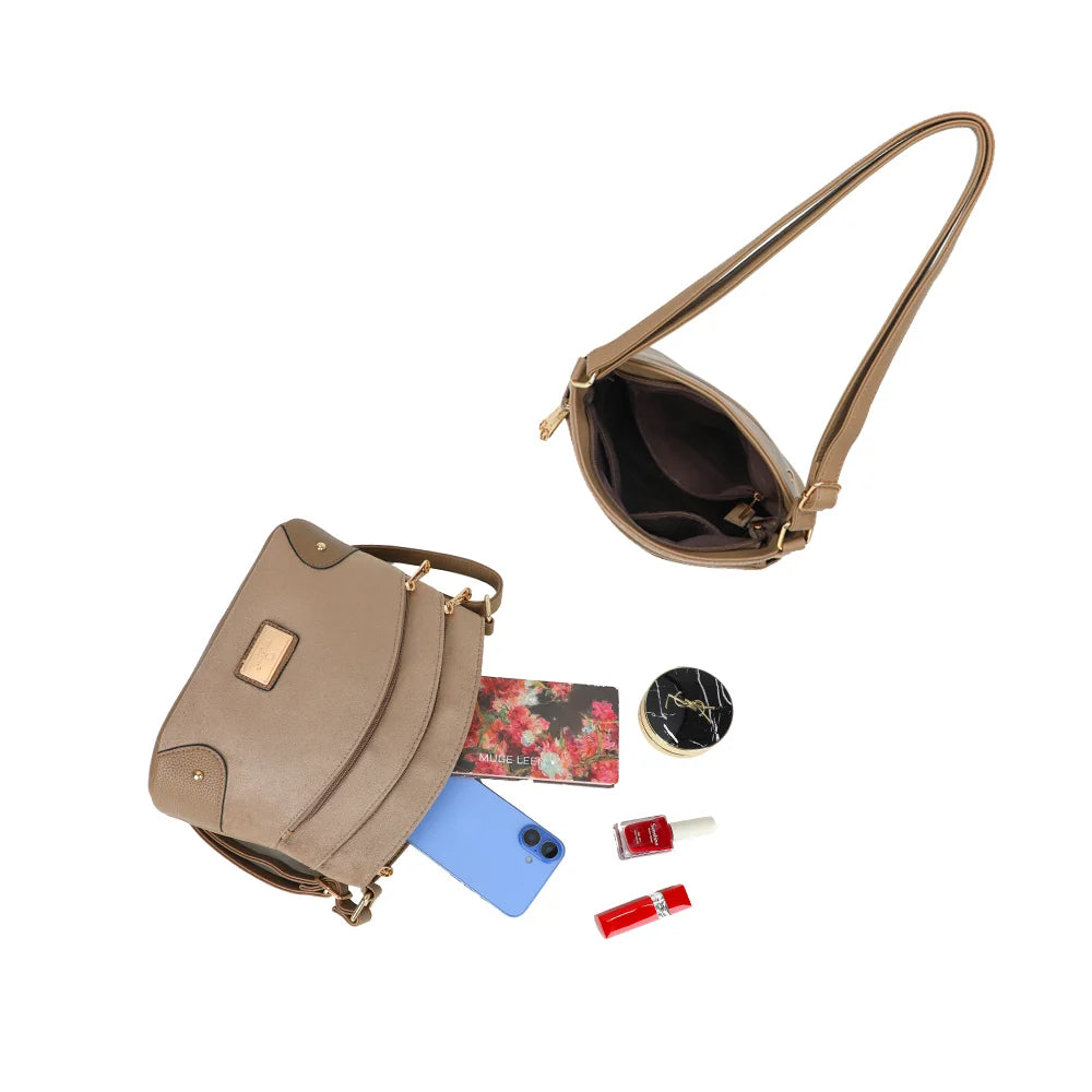 Intérieur du L'Organisé Chic taupe foncé : compartiment zippé et rangements pour téléphone et maquillage – réf. M-9263-12