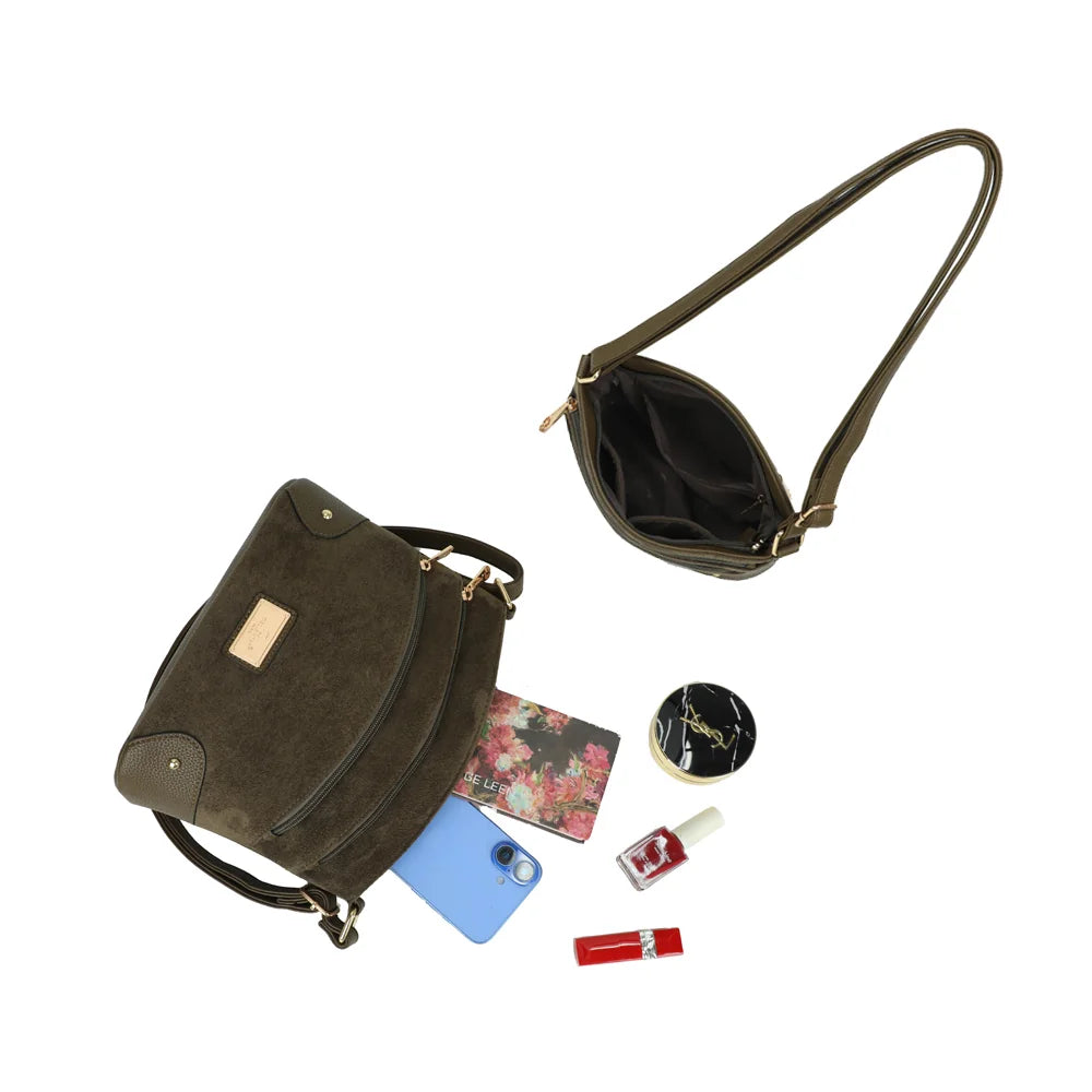 Intérieur du L'Organisé Chic vert foncé : compartiment zippé et rangements pour téléphone et maquillage – réf. M-9263-12