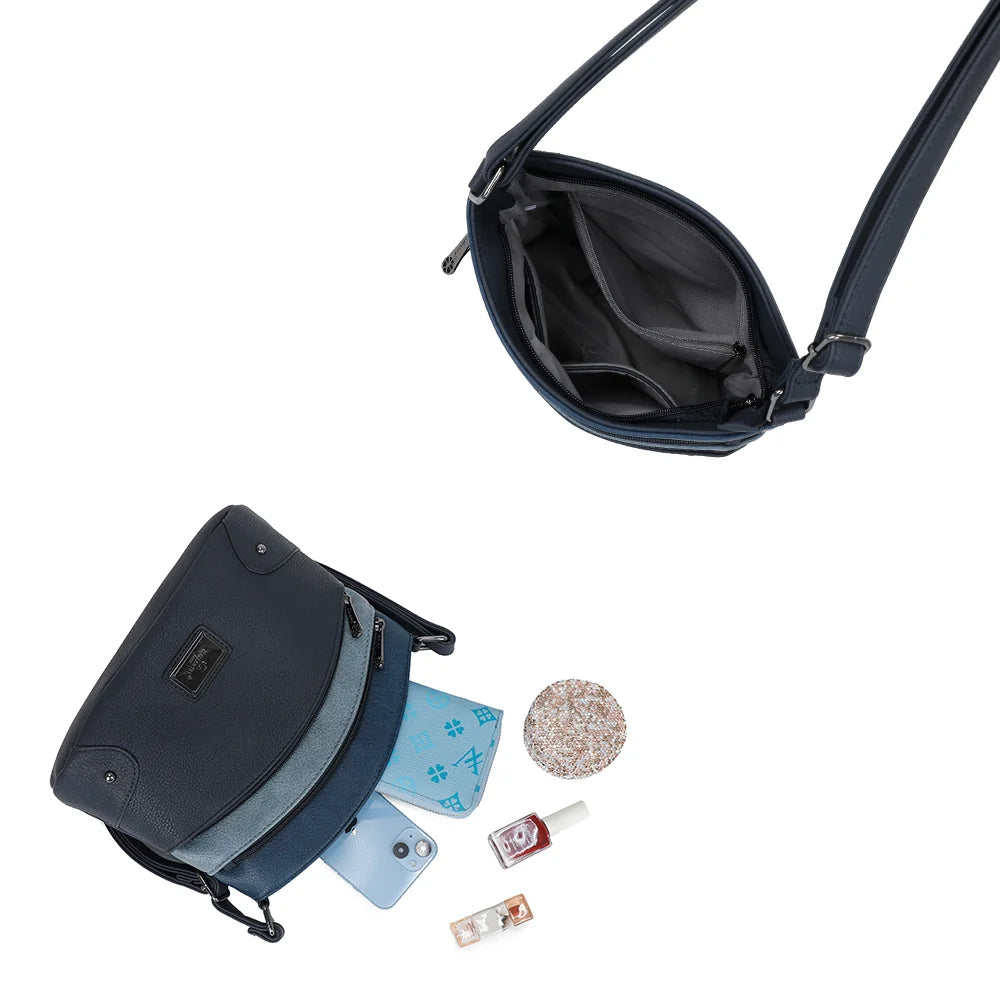L’Organisé Compact bleu foncé ouvert : compartiment principal pour téléphone, portefeuille, maquillage et clés – réf. M-9263-3