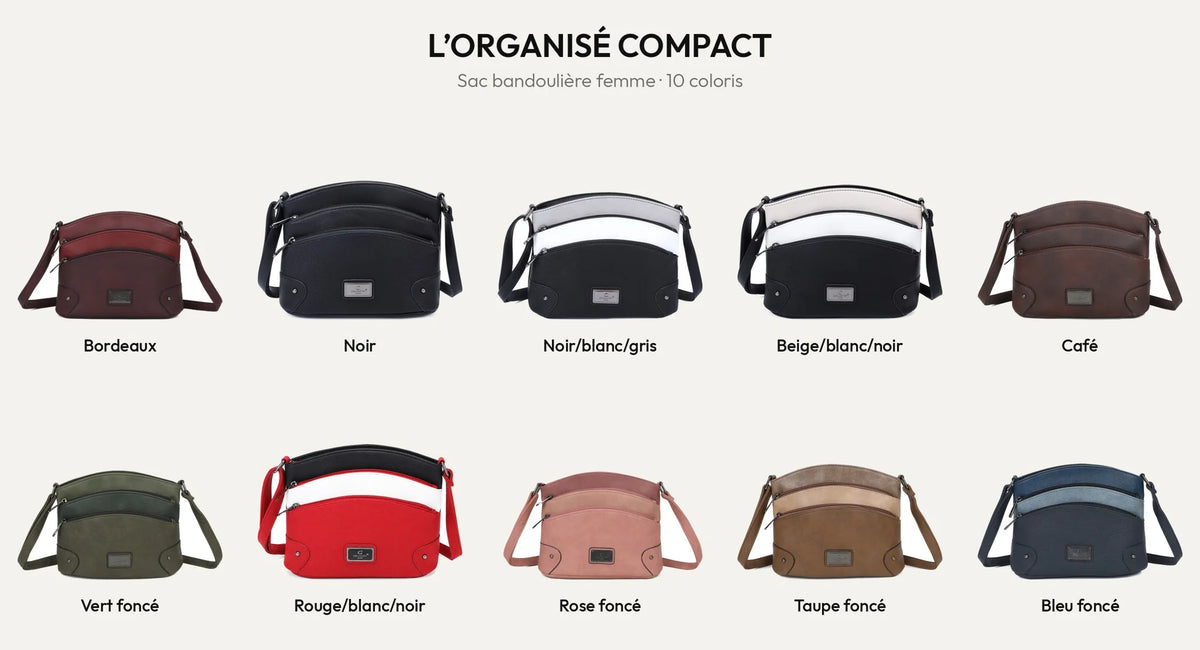 L’Organisé Compact, sac bandoulière femme en simili cuir grainé, présenté dans ses différents coloris – Gallantry Paris – réf. M-9263-3