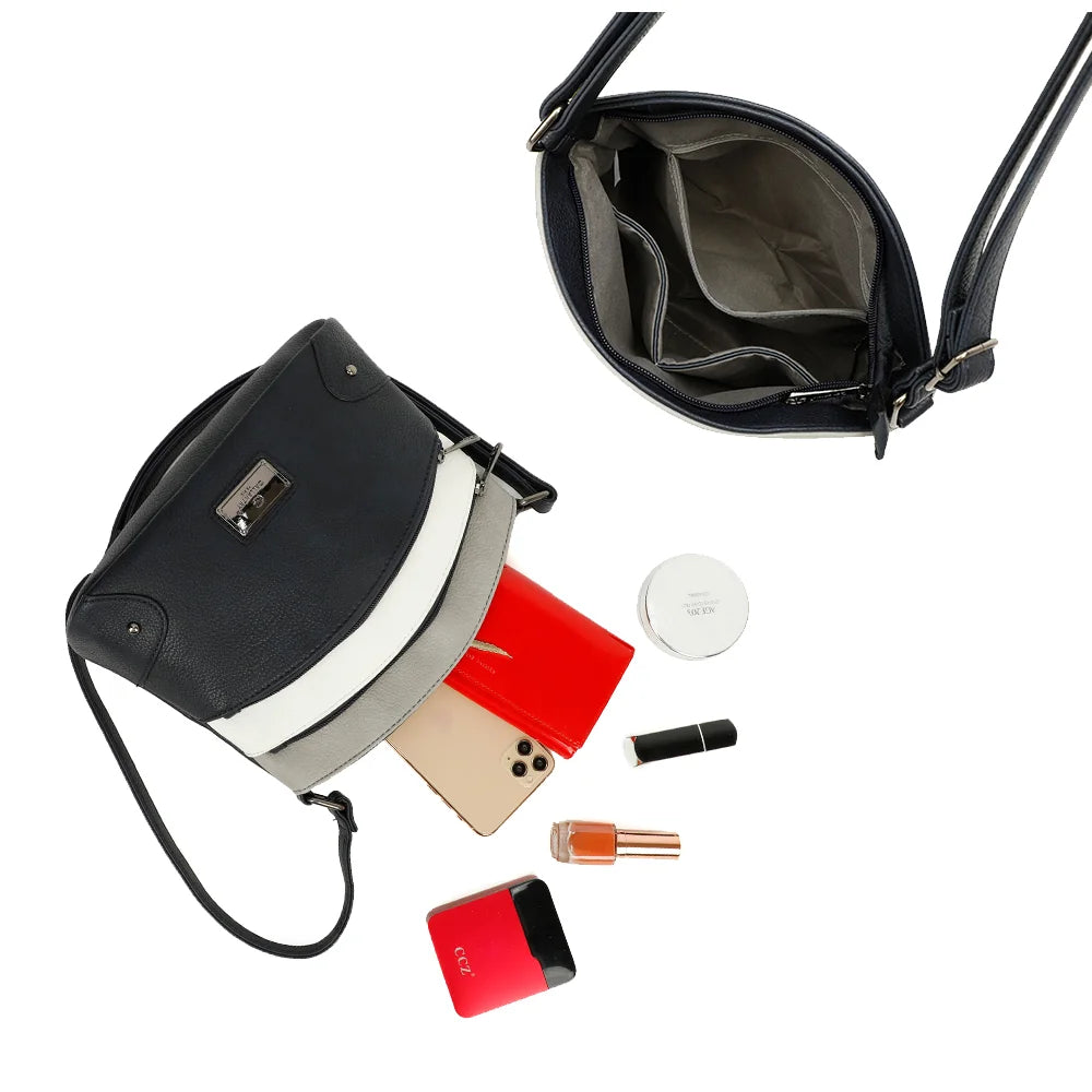 L’Organisé Compact noir/blanc/gris ouvert : compartiment principal pour téléphone, portefeuille, maquillage et clés – réf. M-9263-3
