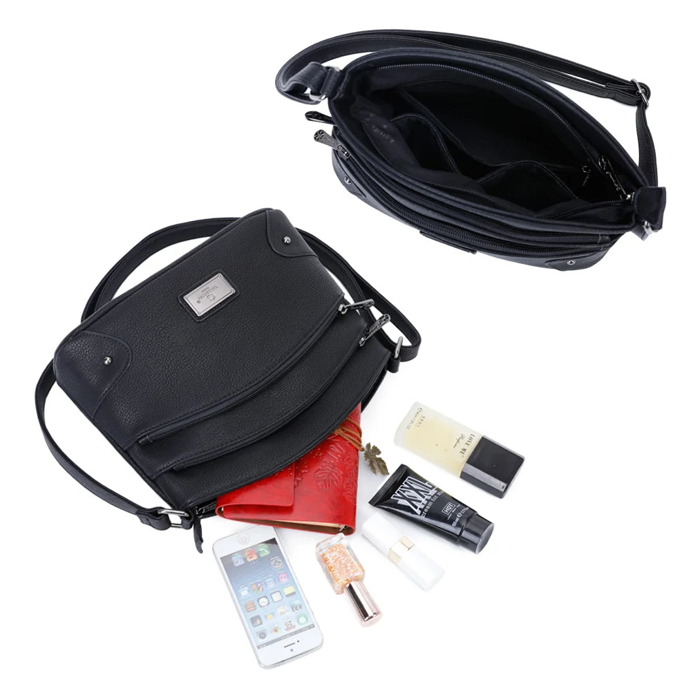 L’Organisé Compact noir ouvert : compartiment principal pour téléphone, portefeuille, maquillage et clés – réf. M-9263-3