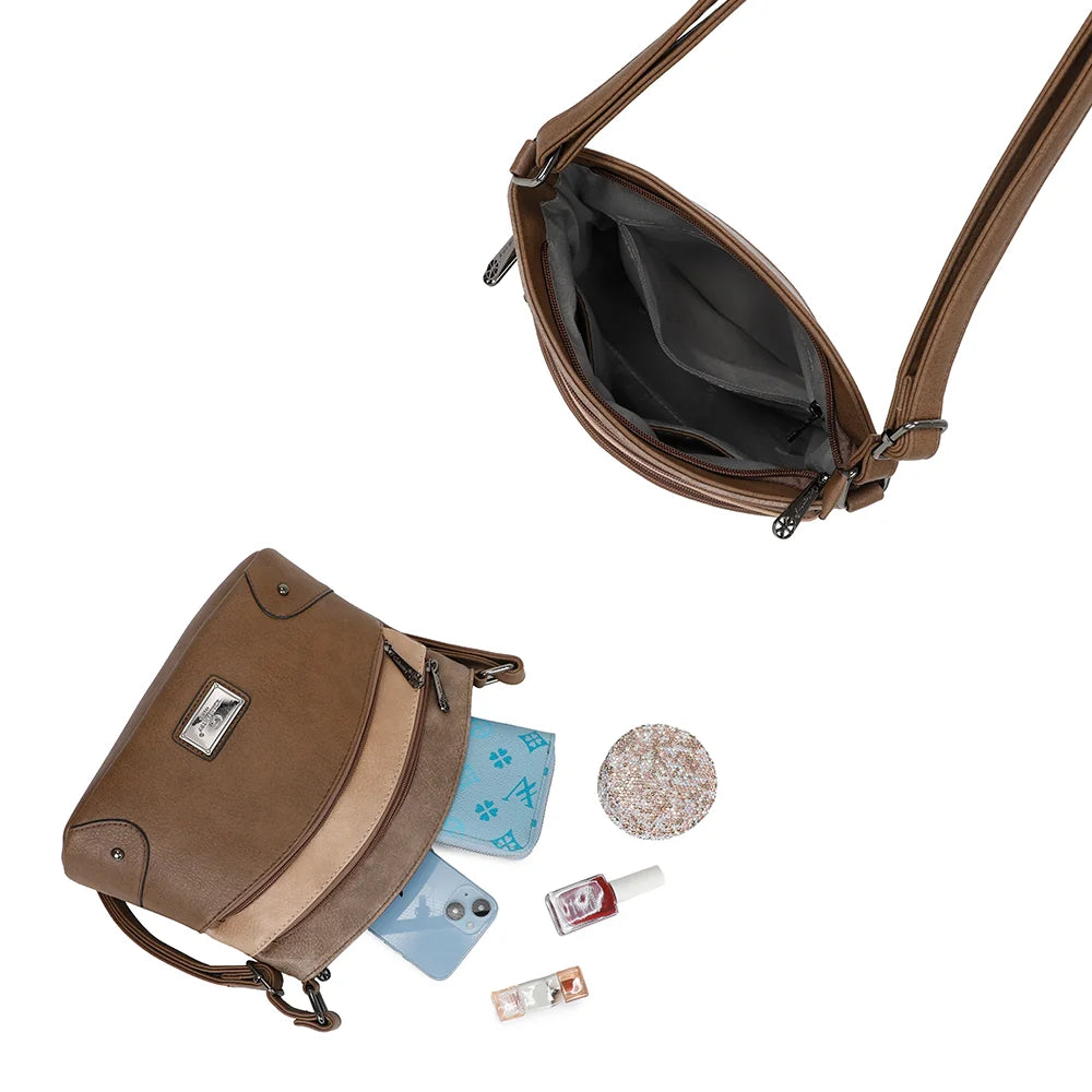 L’Organisé Compact taupe foncé ouvert : compartiment principal pour téléphone, portefeuille, maquillage et clés – réf. M-9263-3