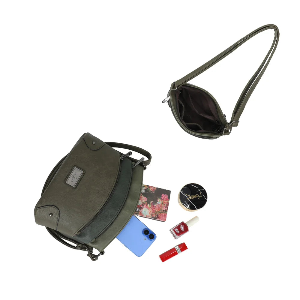 L’Organisé Compact vert foncé ouvert : compartiment principal pour téléphone, portefeuille, maquillage et clés – réf. M-9263-3