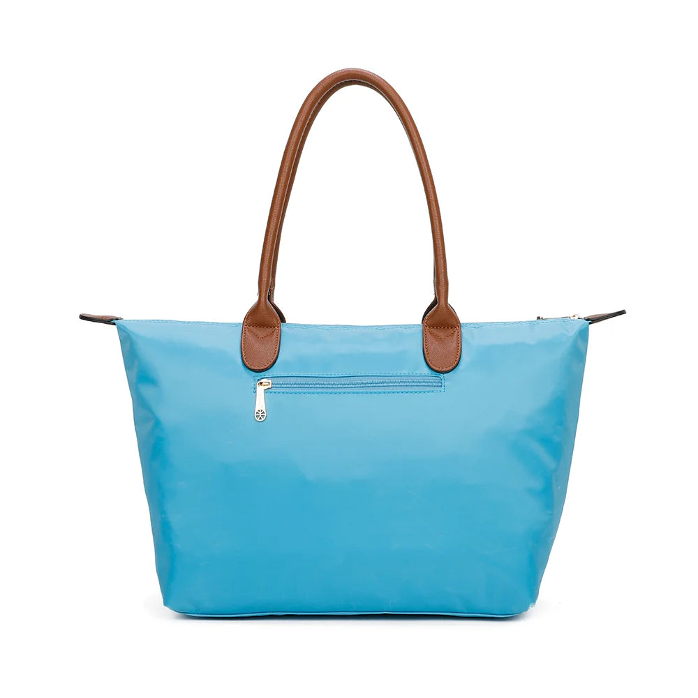 Dos de La Balade (Large) bleu ciel en nylon, avec ses deux longues anses marron assorties – réf. Z-02