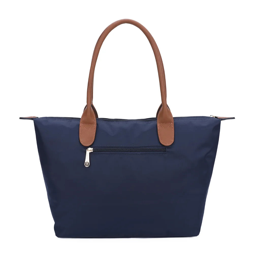 Dos de La Balade (Large) bleu marine en nylon, avec ses deux longues anses marron assorties – réf. Z-02