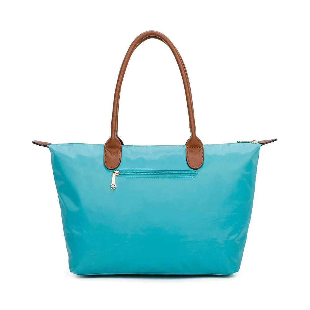 Dos de La Balade (Large) turquoise claire en nylon, avec ses deux longues anses marron assorties – réf. Z-02