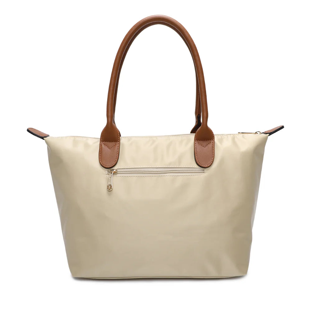 Dos de La Balade Medium beige : nylon uni et anses marron surpiquées cousues sur le haut du sac – réf. Z-03
