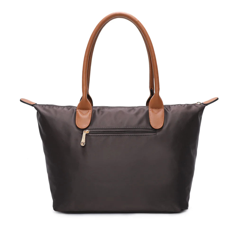 Dos de La Balade Medium café : nylon uni et anses marron surpiquées cousues sur le haut du sac – réf. Z-03