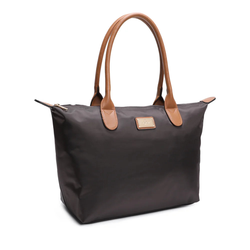 La Balade Medium café vue de trois quarts : silhouette évasée et pattes marron aux extrémités du zip – réf. Z-03