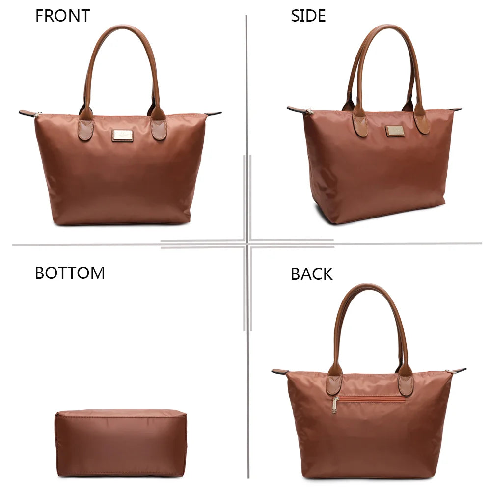La Balade Medium camel sous quatre angles : face, profil, dessous et dos du sac en nylon – réf. Z-03