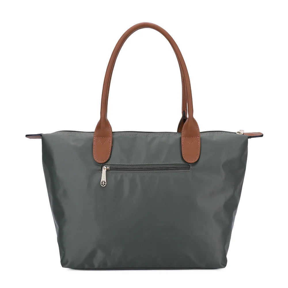 Dos de La Balade Medium vert foncé : nylon uni et anses marron surpiquées cousues sur le haut du sac – réf. Z-03