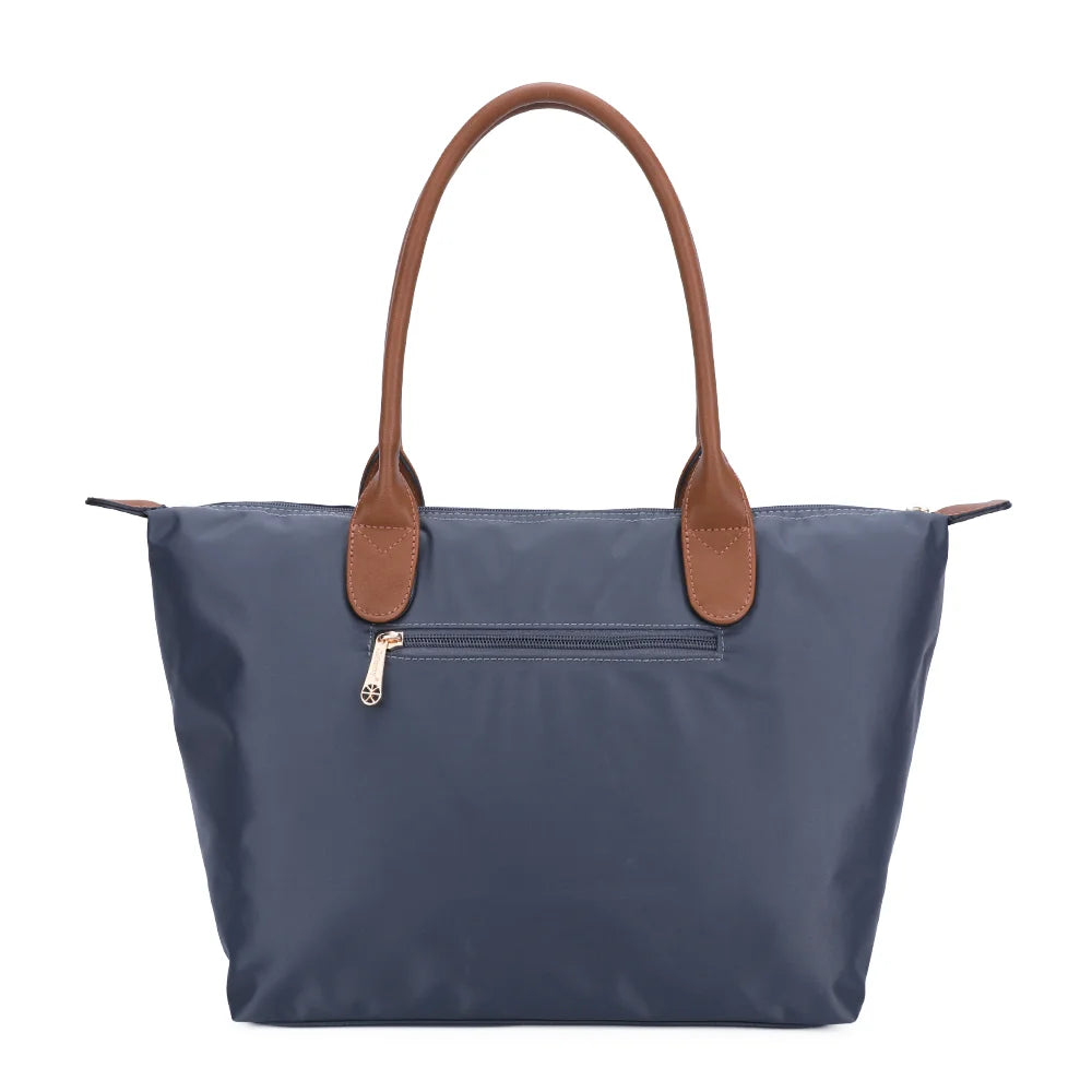 Dos de La Balade Medium gris foncé : nylon uni et anses marron surpiquées cousues sur le haut du sac – réf. Z-03