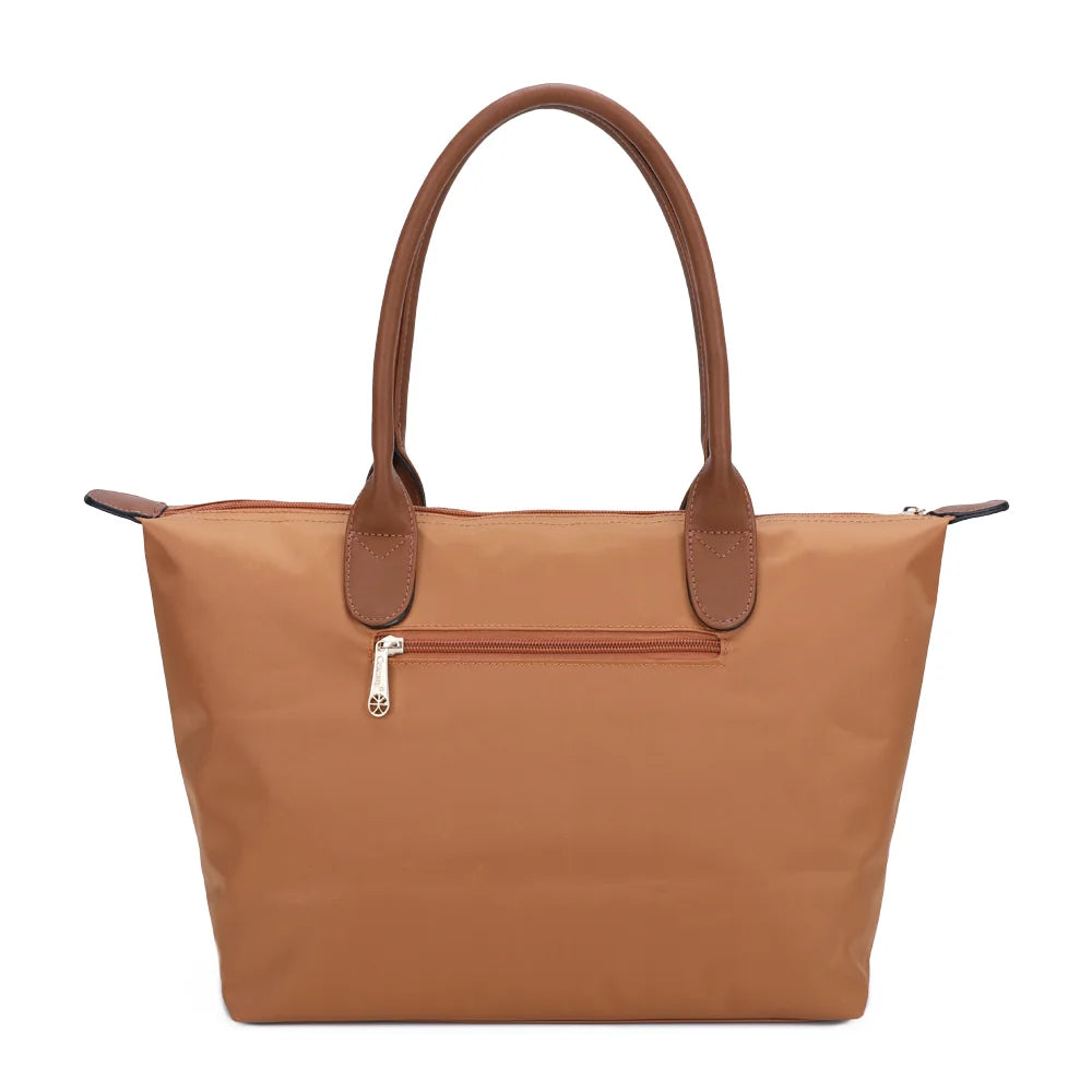 Dos de La Balade Medium jaune foncé : nylon uni et anses marron surpiquées cousues sur le haut du sac – réf. Z-03