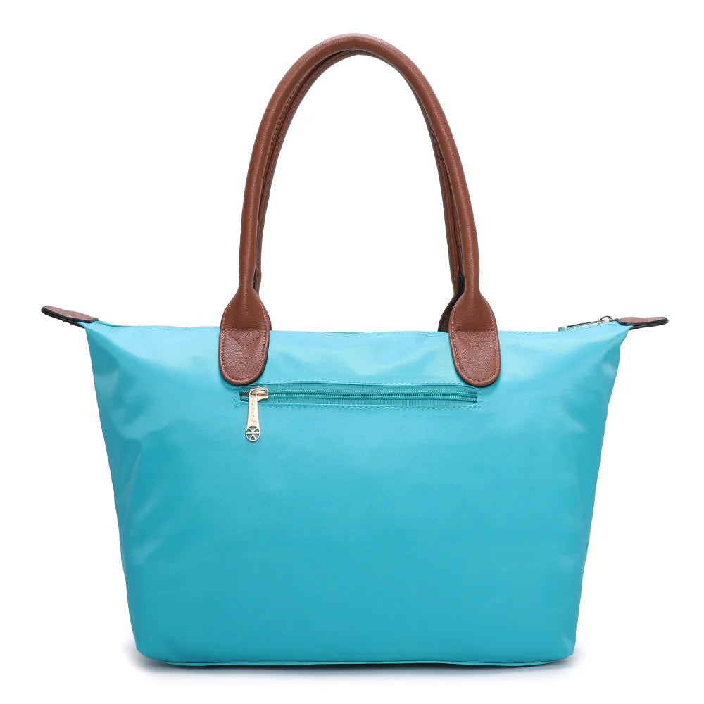 Dos de La Balade Medium turquoise claire : nylon uni et anses marron surpiquées cousues sur le haut du sac – réf. Z-03