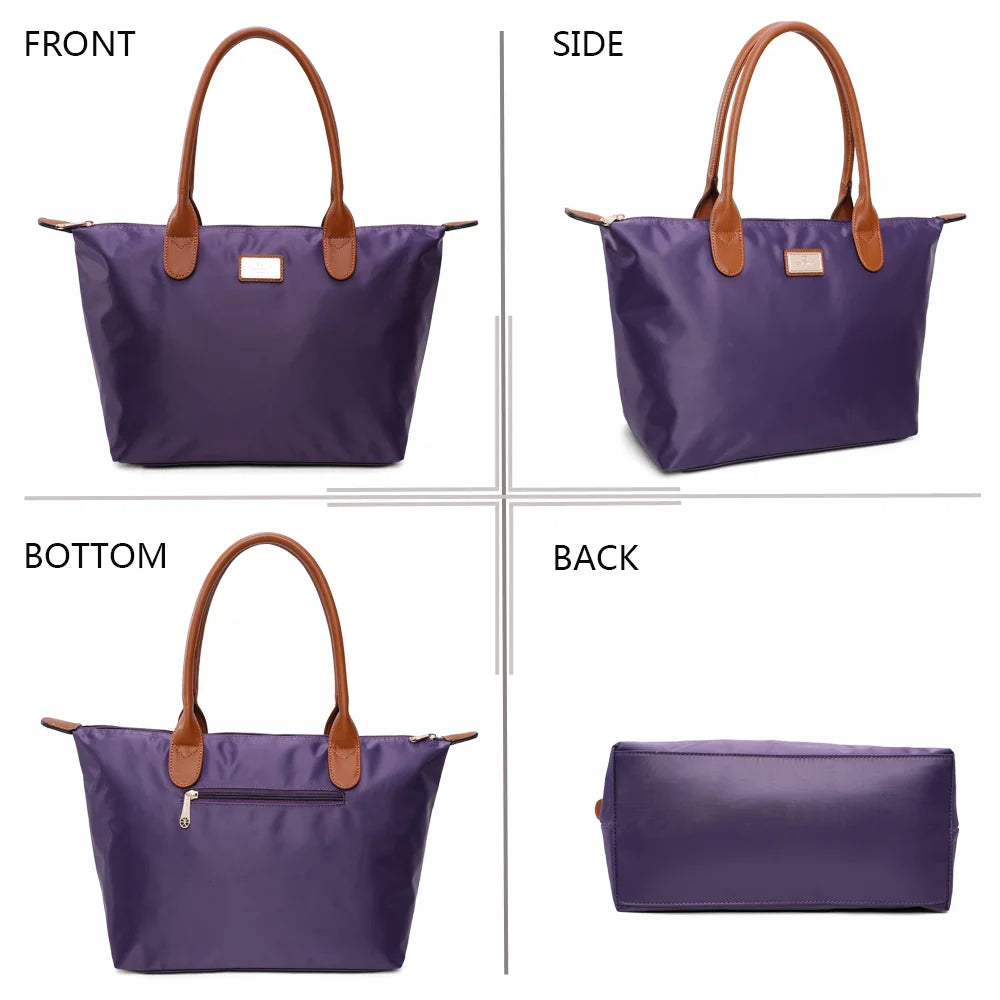 La Balade Medium violet sous quatre angles : face, profil, dessous et dos du sac en nylon – réf. Z-03