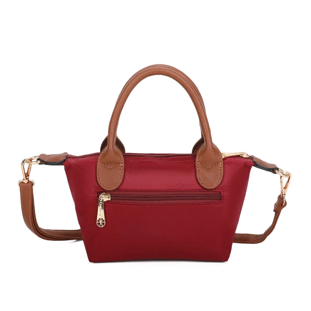 Dos de La Balade (Mini) rouge foncé, avec ses deux anses courtes camel et ses attaches latérales dorées – réf. Z-05