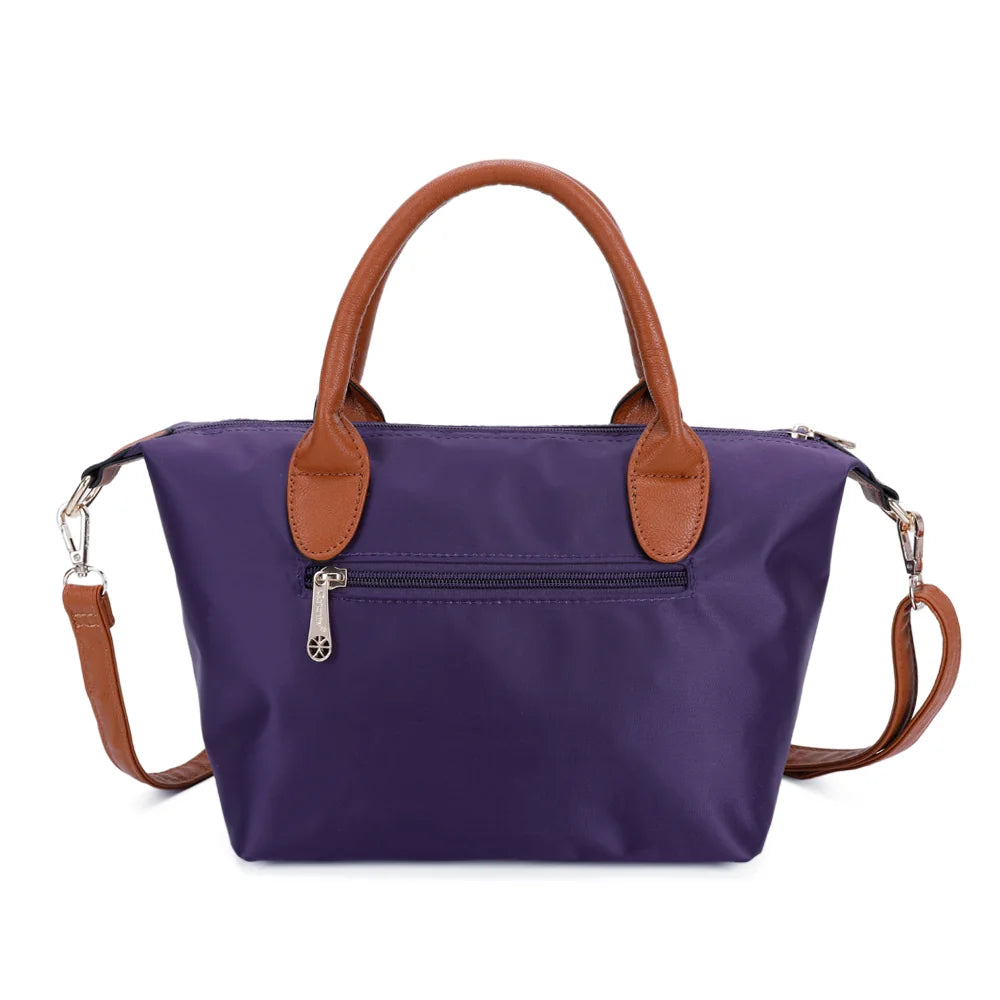 Dos de La Balade violet foncé : nylon lisse et poignées en simili cuir camel – réf. Z-01