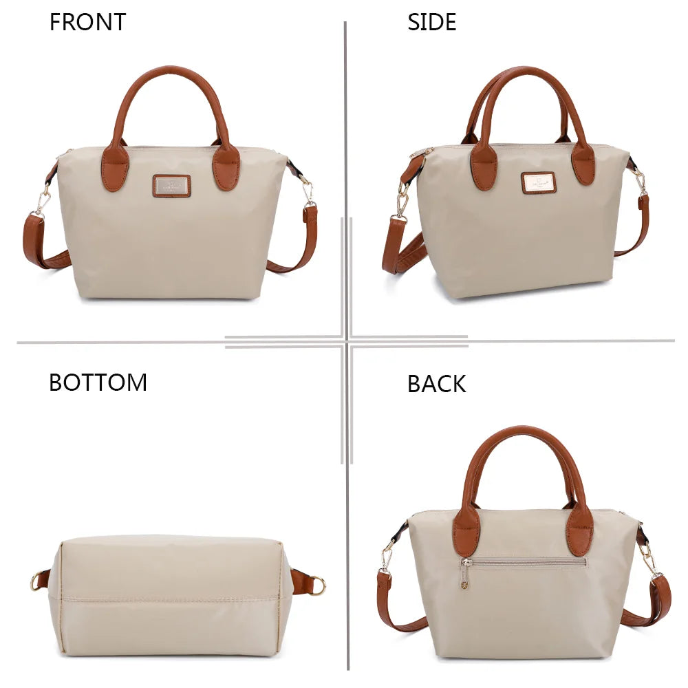 La Balade beige sous tous les angles : face, côté, dessous et dos en nylon et simili cuir camel – réf. Z-01