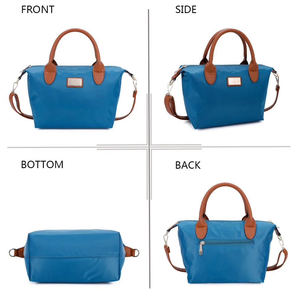 La Balade bleu canard sous tous les angles : face, côté, dessous et dos en nylon et simili cuir camel – réf. Z-01