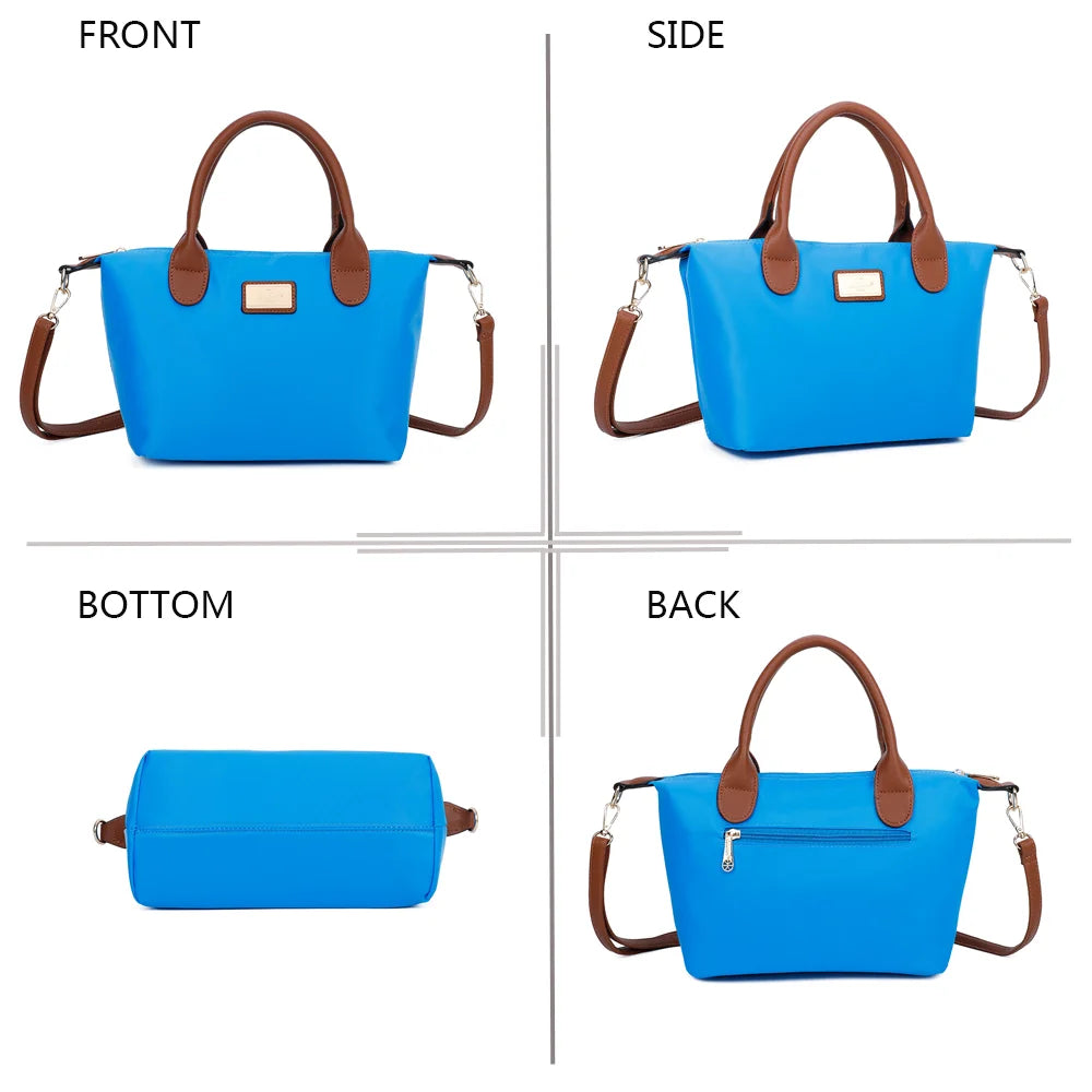 La Balade bleu electrique sous tous les angles : face, côté, dessous et dos en nylon et simili cuir camel – réf. Z-01