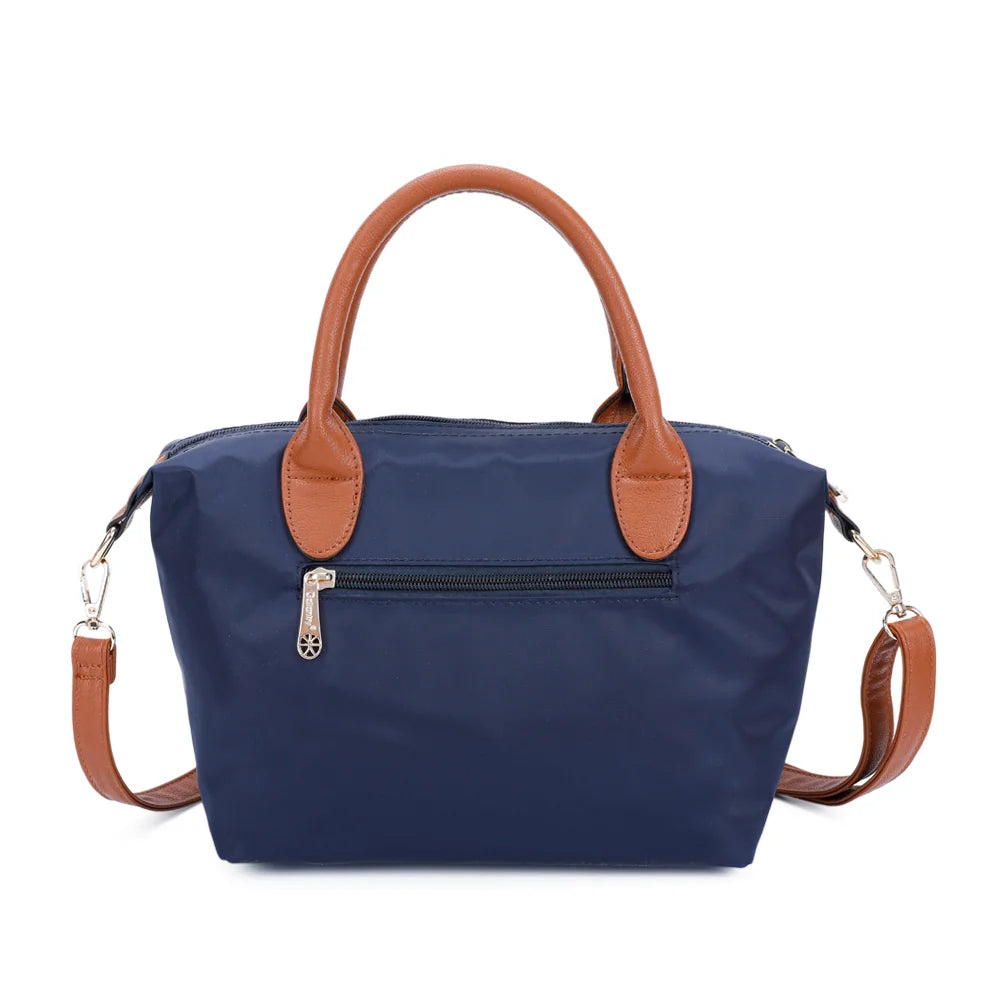 Dos de La Balade bleu marine : nylon lisse et poignées en simili cuir camel – réf. Z-01