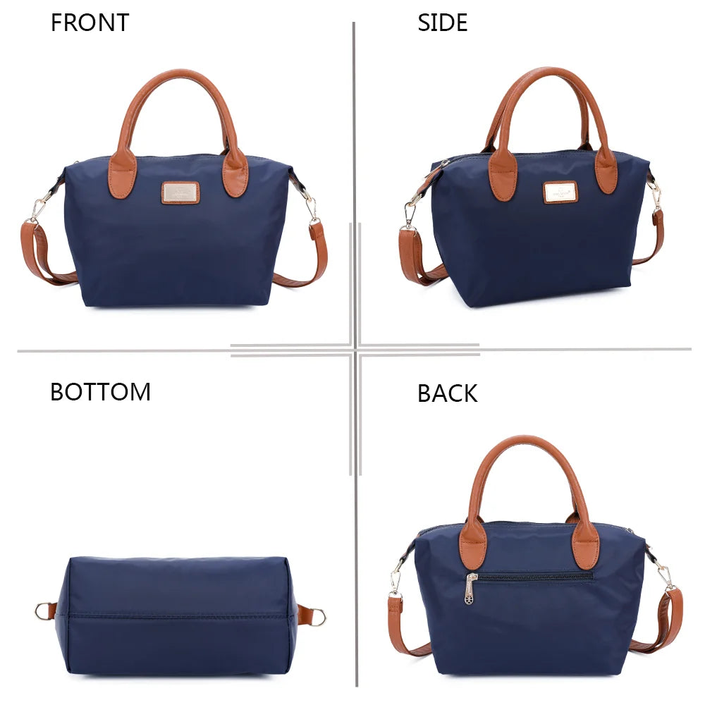 La Balade bleu marine sous tous les angles : face, côté, dessous et dos en nylon et simili cuir camel – réf. Z-01
