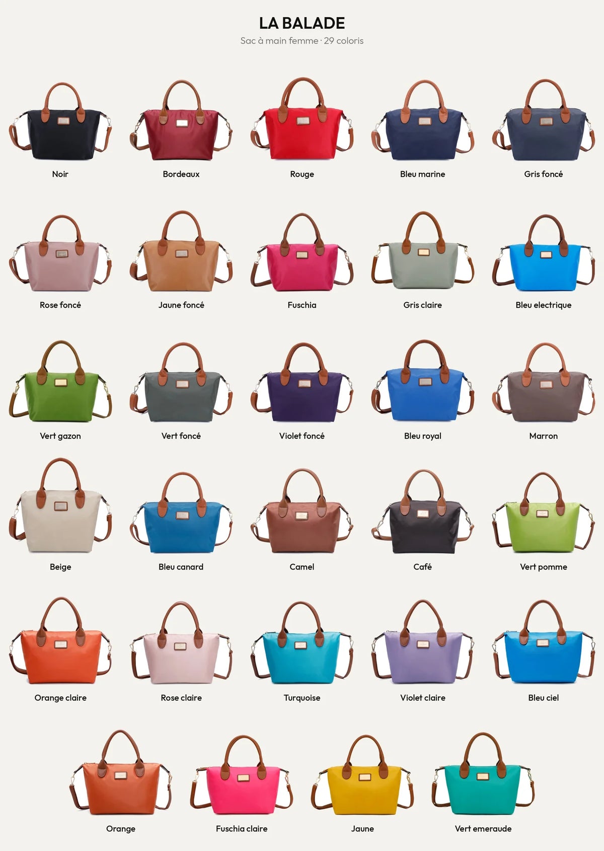 Le sac à main La Balade en nylon dans ses 29 coloris, poignées en simili cuir camel – Gallantry Paris – réf. Z-01