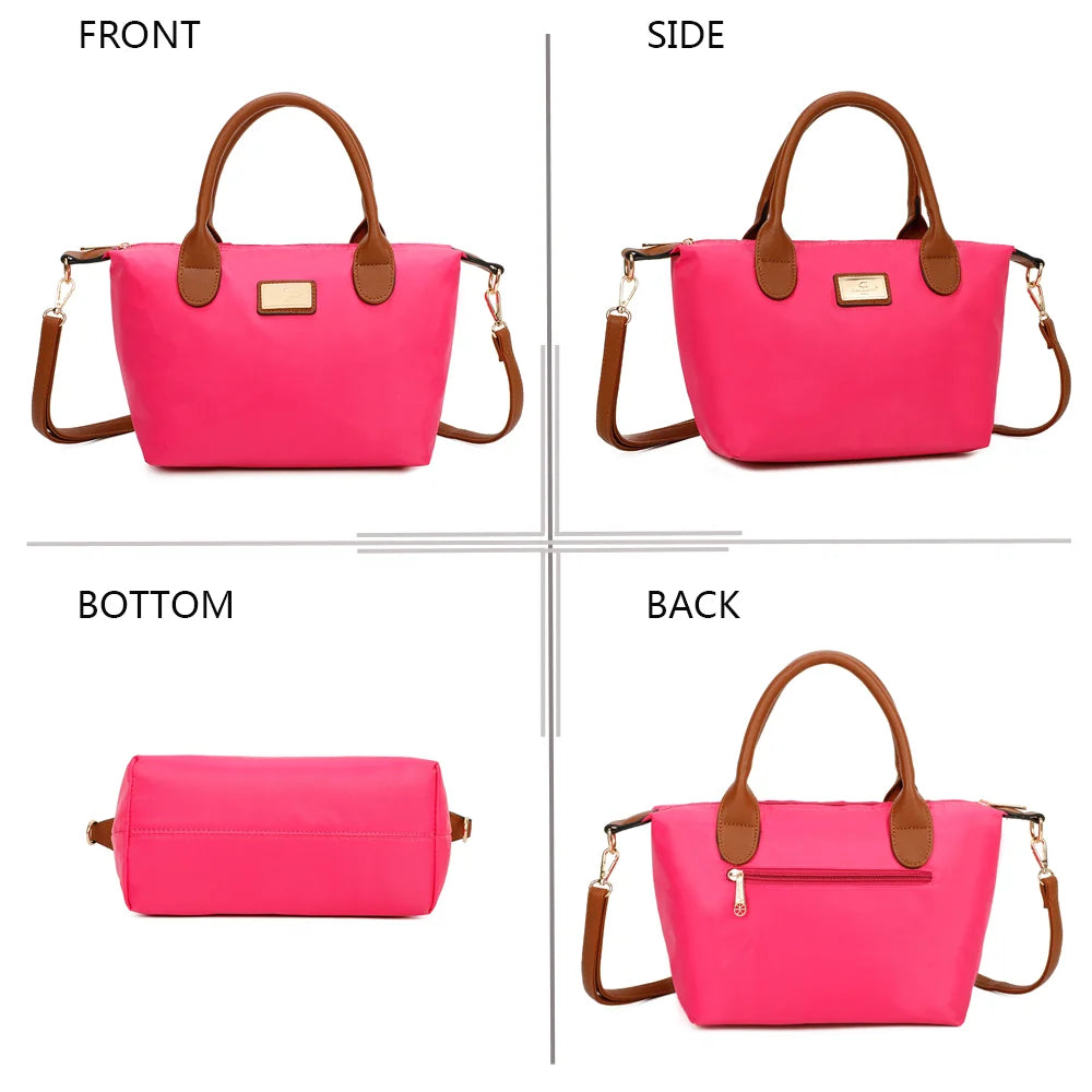 La Balade fuschia claire sous tous les angles : face, côté, dessous et dos en nylon et simili cuir camel – réf. Z-01