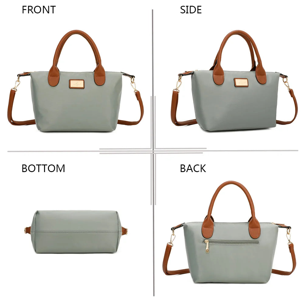 La Balade gris claire sous tous les angles : face, côté, dessous et dos en nylon et simili cuir camel – réf. Z-01