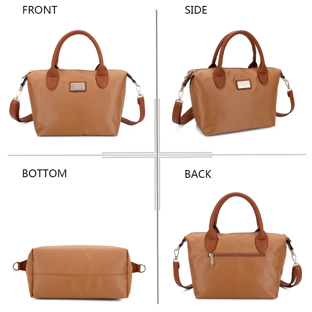 La Balade jaune foncé sous tous les angles : face, côté, dessous et dos en nylon et simili cuir camel – réf. Z-01