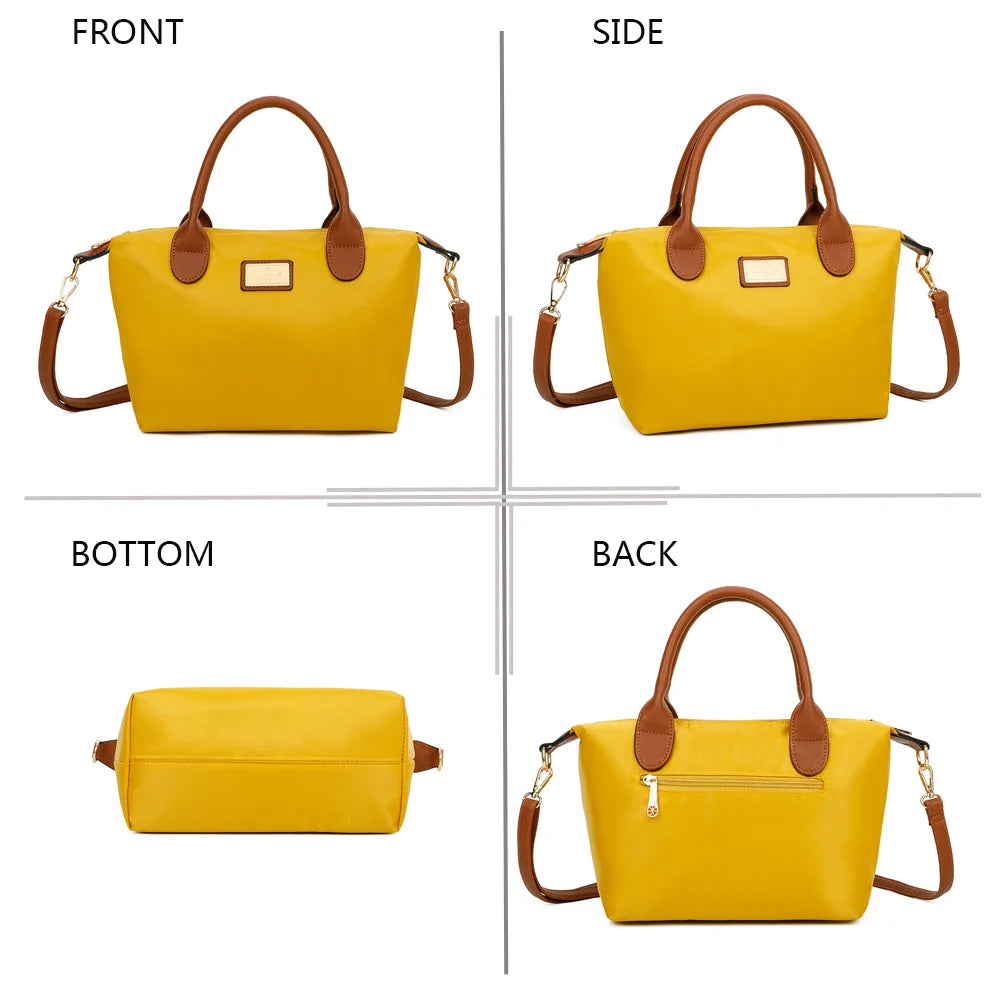 La Balade jaune sous tous les angles : face, côté, dessous et dos en nylon et simili cuir camel – réf. Z-01