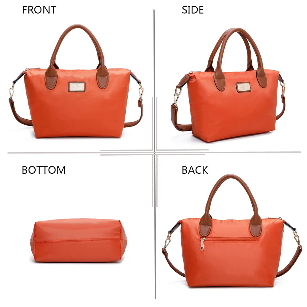 La Balade orange claire sous tous les angles : face, côté, dessous et dos en nylon et simili cuir camel – réf. Z-01
