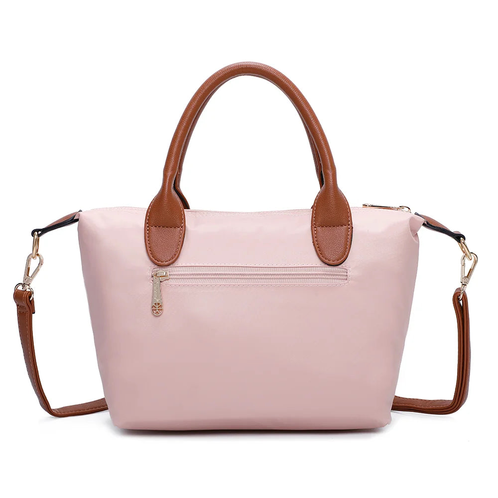 Dos de La Balade rose claire : nylon lisse et poignées en simili cuir camel – réf. Z-01