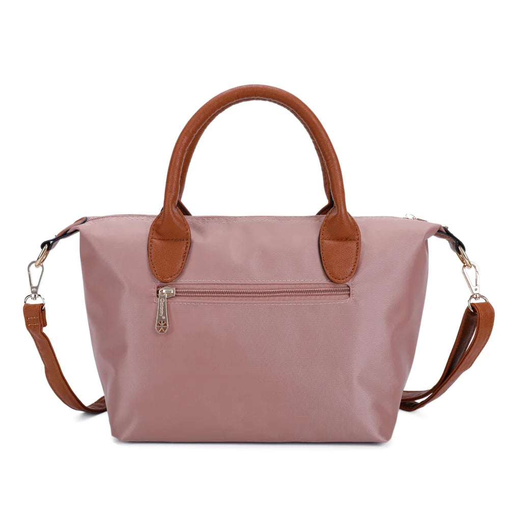 Dos de La Balade rose foncé : nylon lisse et poignées en simili cuir camel – réf. Z-01