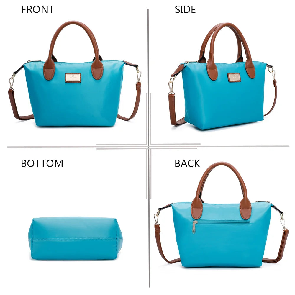La Balade turquoise sous tous les angles : face, côté, dessous et dos en nylon et simili cuir camel – réf. Z-01
