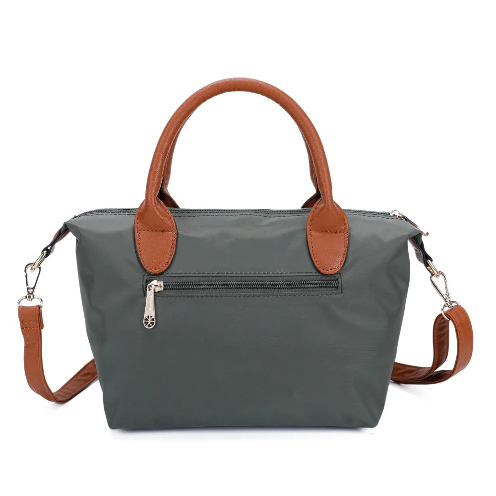 Dos de La Balade vert foncé : nylon lisse et poignées en simili cuir camel – réf. Z-01