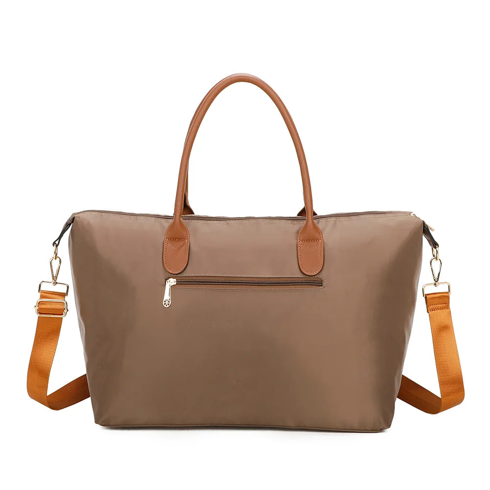 Dos du cabas La Balade (XL) taupe foncé, nylon léger et anses camel aux attaches surpiquées – réf. Z-04