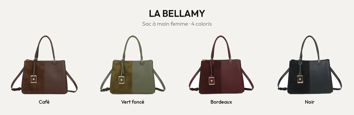 Sac à main femme La Bellamy bi-matière en coloris Coffee, Vert Foncé, Bordeaux et Noir – Gallantry Paris – réf. G-7507-1