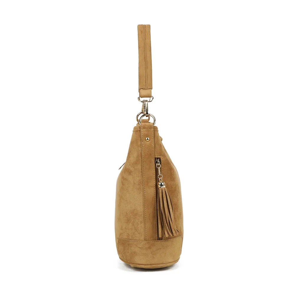 Profil de La Bohème Élégante kaki : zip latéral et pompon à embout doré – réf. M-9271-9