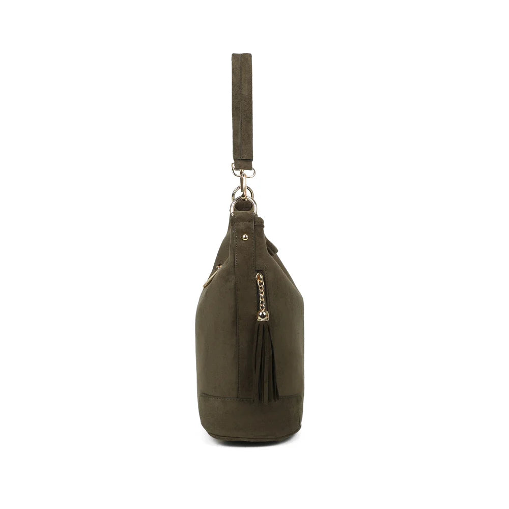 Profil de La Bohème Élégante vert foncé : zip latéral et pompon à embout doré – réf. M-9271-9