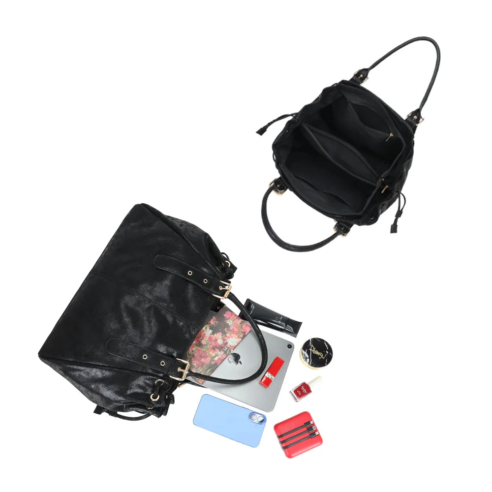 Intérieur du cabas La Boréale noir : plusieurs compartiments et poches pour ranger tablette et essentiels – réf. R-62080-3-AIR