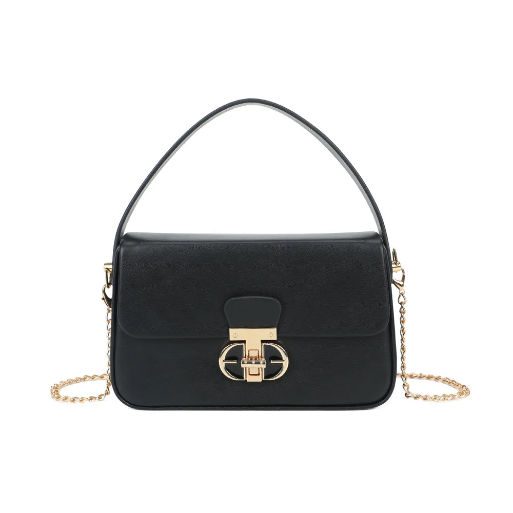 Petit sac à main femme La Caliane noir, rabat et fermoir tournant doré – Gallantry Paris – réf. YL-26023