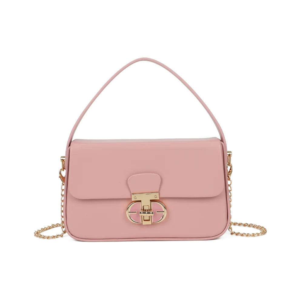 Petit sac à main femme La Caliane rose, rabat et fermoir tournant doré – Gallantry Paris – réf. YL-26023