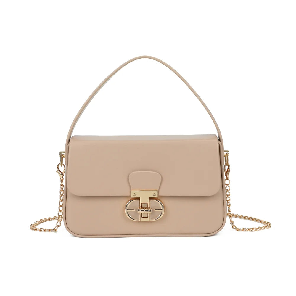 Petit sac à main femme La Caliane taupe, rabat et fermoir tournant doré – Gallantry Paris – réf. YL-26023