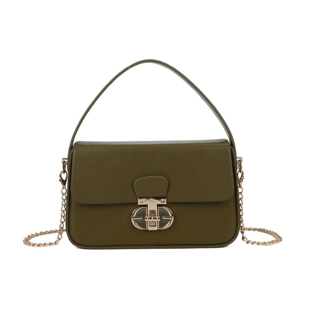 Petit sac à main femme La Caliane vert foncé, rabat et fermoir tournant doré – Gallantry Paris – réf. YL-26023