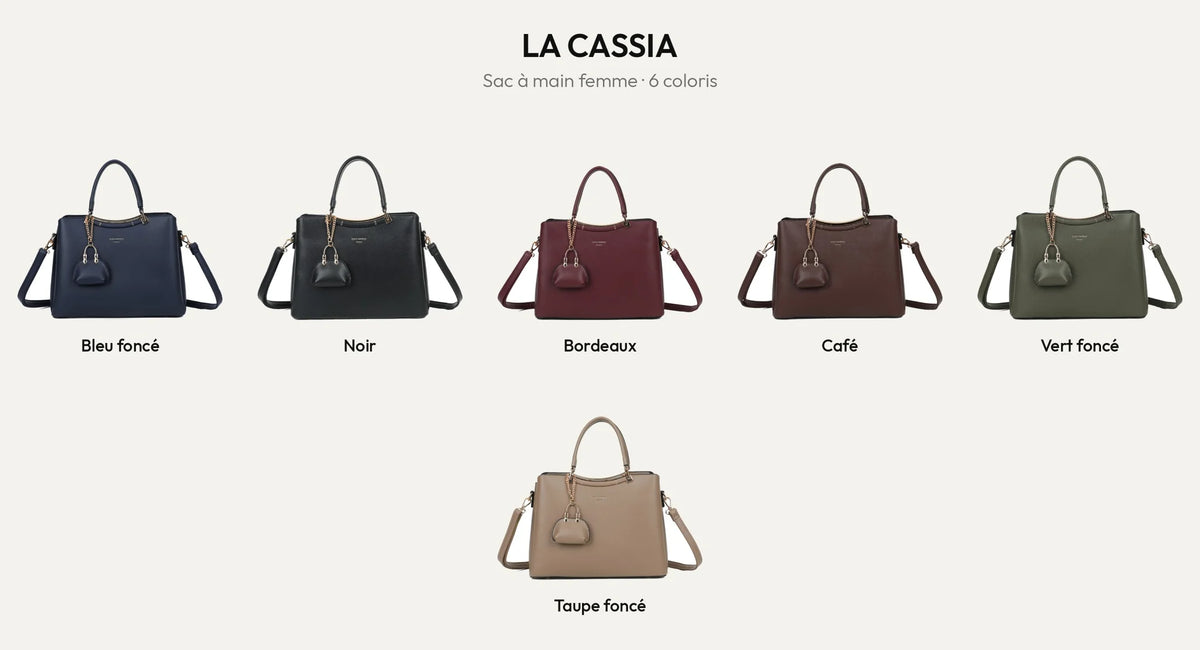 Le sac à main femme La Cassia dans ses 6 coloris : bleu foncé, noir, bordeaux, coffee, vert foncé et taupe foncé – Gallantry Paris – réf. DQ-8676-2