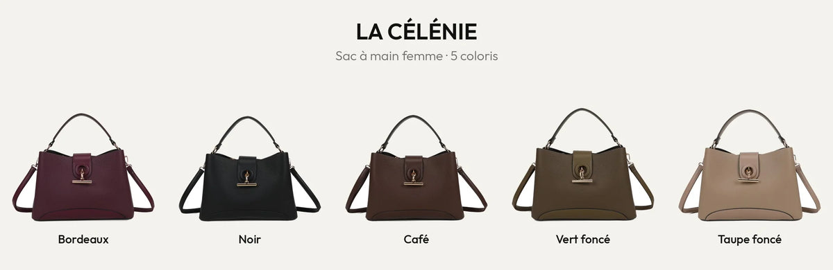 Sac à main femme La Célénie en simili cuir grainé, 5 coloris : bordeaux, noir, coffee, vert foncé, taupe foncé – Gallantry Paris – réf. DQ-8744