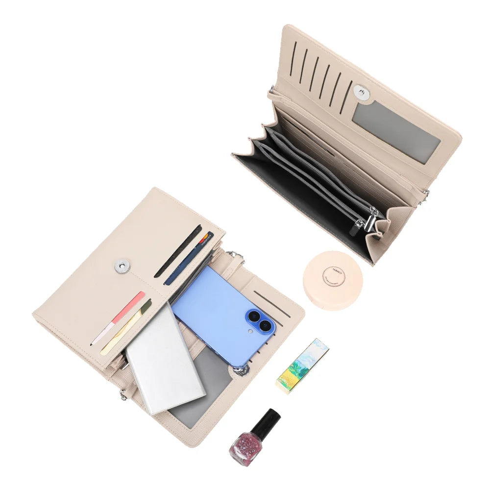 Intérieur de La Célina beige : fentes pour cartes, poche zippée et compartiments en soufflet – réf. SF-69049