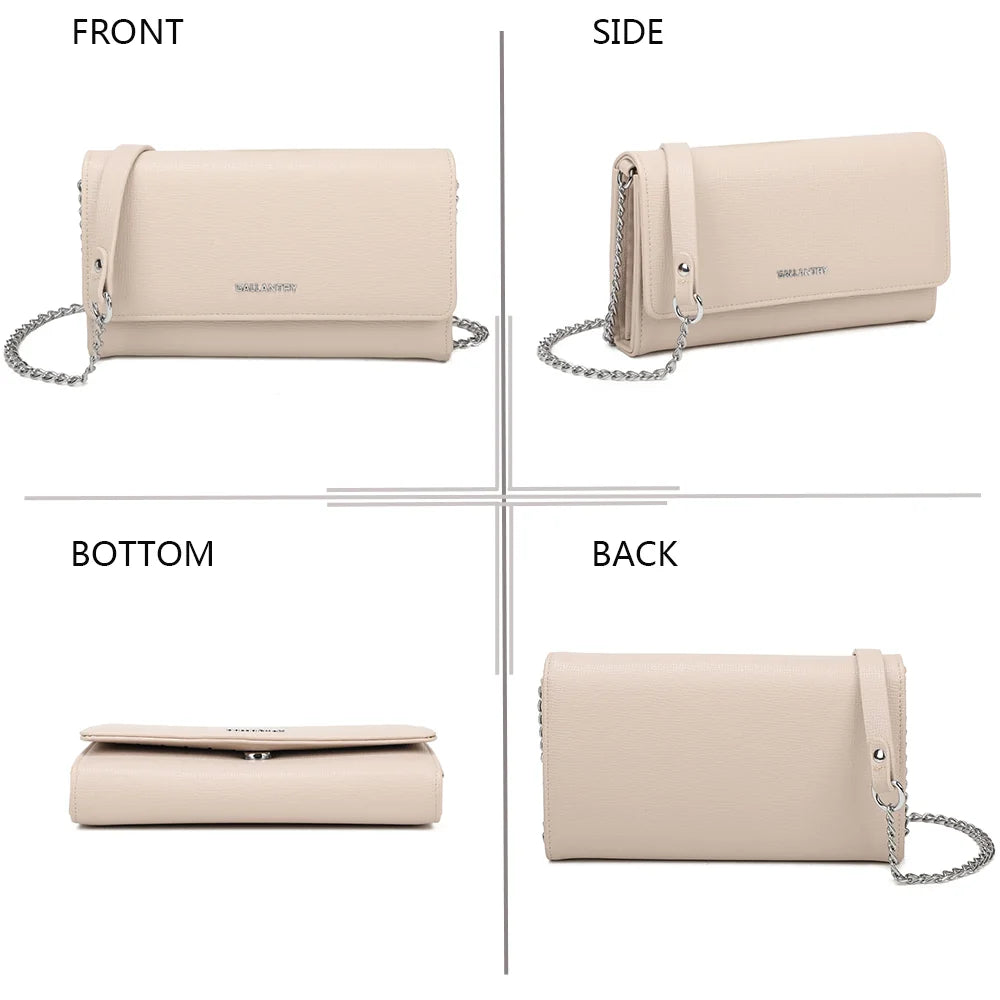 La Célina beige sous tous ses angles : face, côté, dessous et dos de la pochette à chaîne – réf. SF-69049
